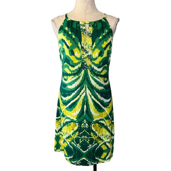INC Dress Green Yellow White S Small Stretch Shift Washable Resort Cruise Summer - Picture 1 of 5